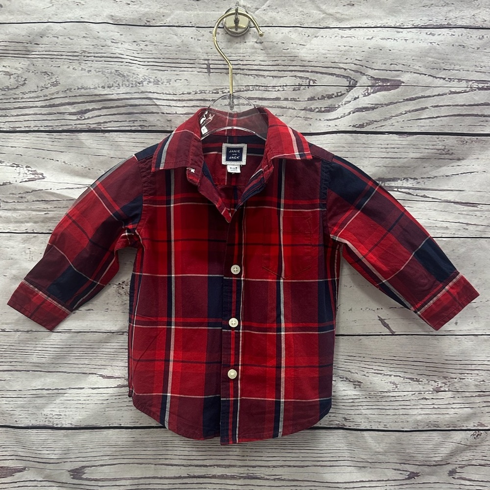 Janie & Jack Boys Red Plaid Poplin Shirt size 3 to 5 months